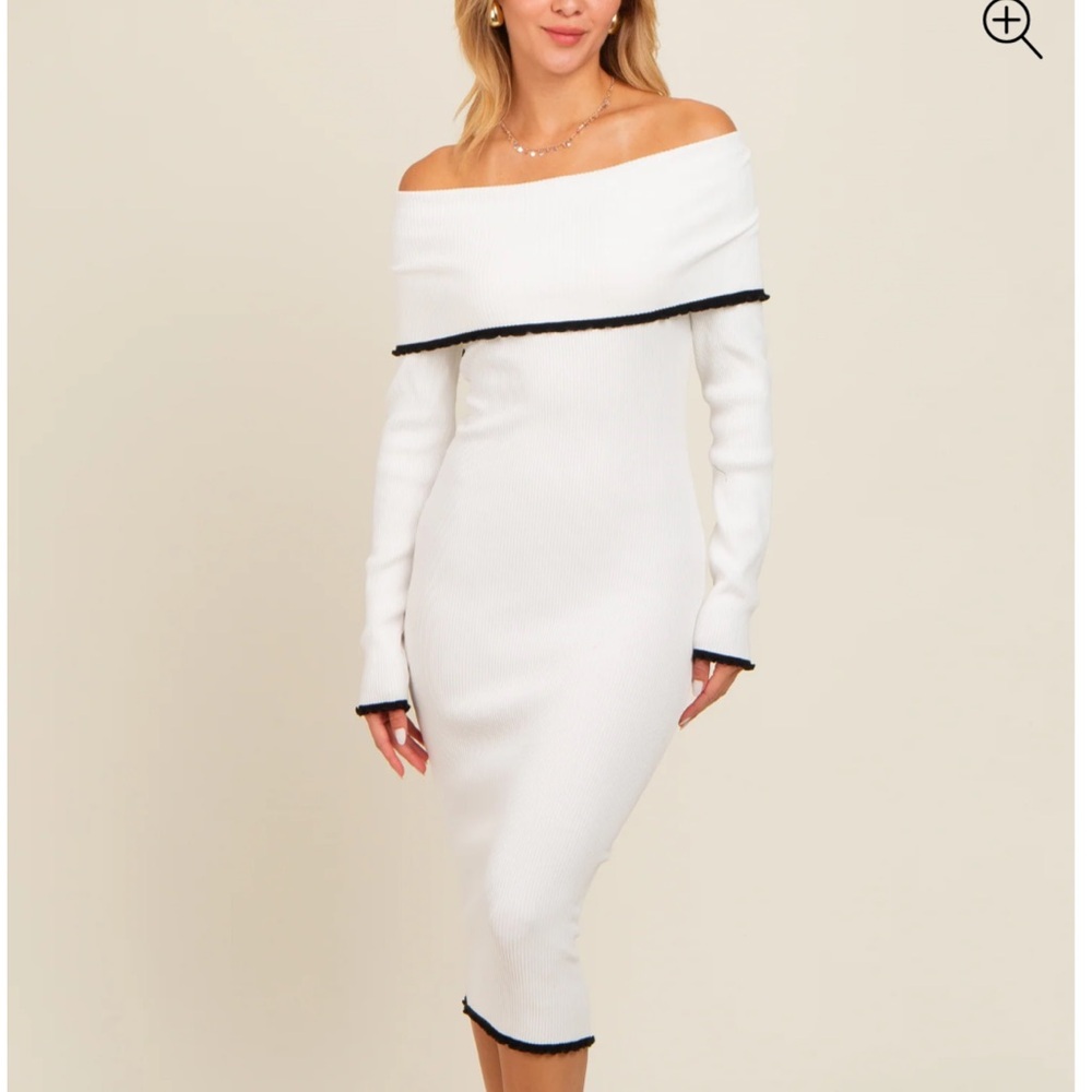 Ivory Knit Off Shoulder Contrast Ruffle Trim Dress
